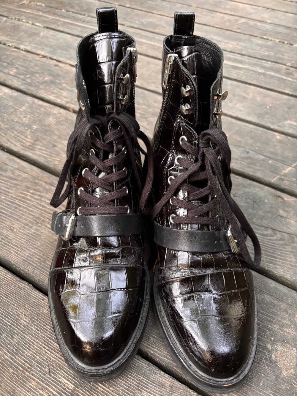 AllSaints Donita Black Crocodile Embossed Leather Combat Boots Size 10 EU 41 - Picture 3 of 12
